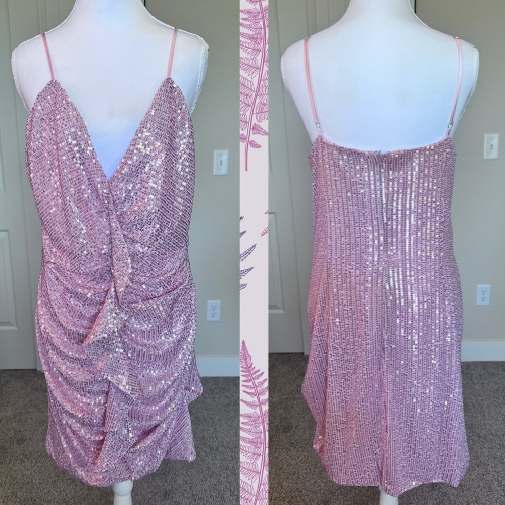 Pink Sequin Mini Dress with Ruffle Adjustable Straps & Zipper 1X